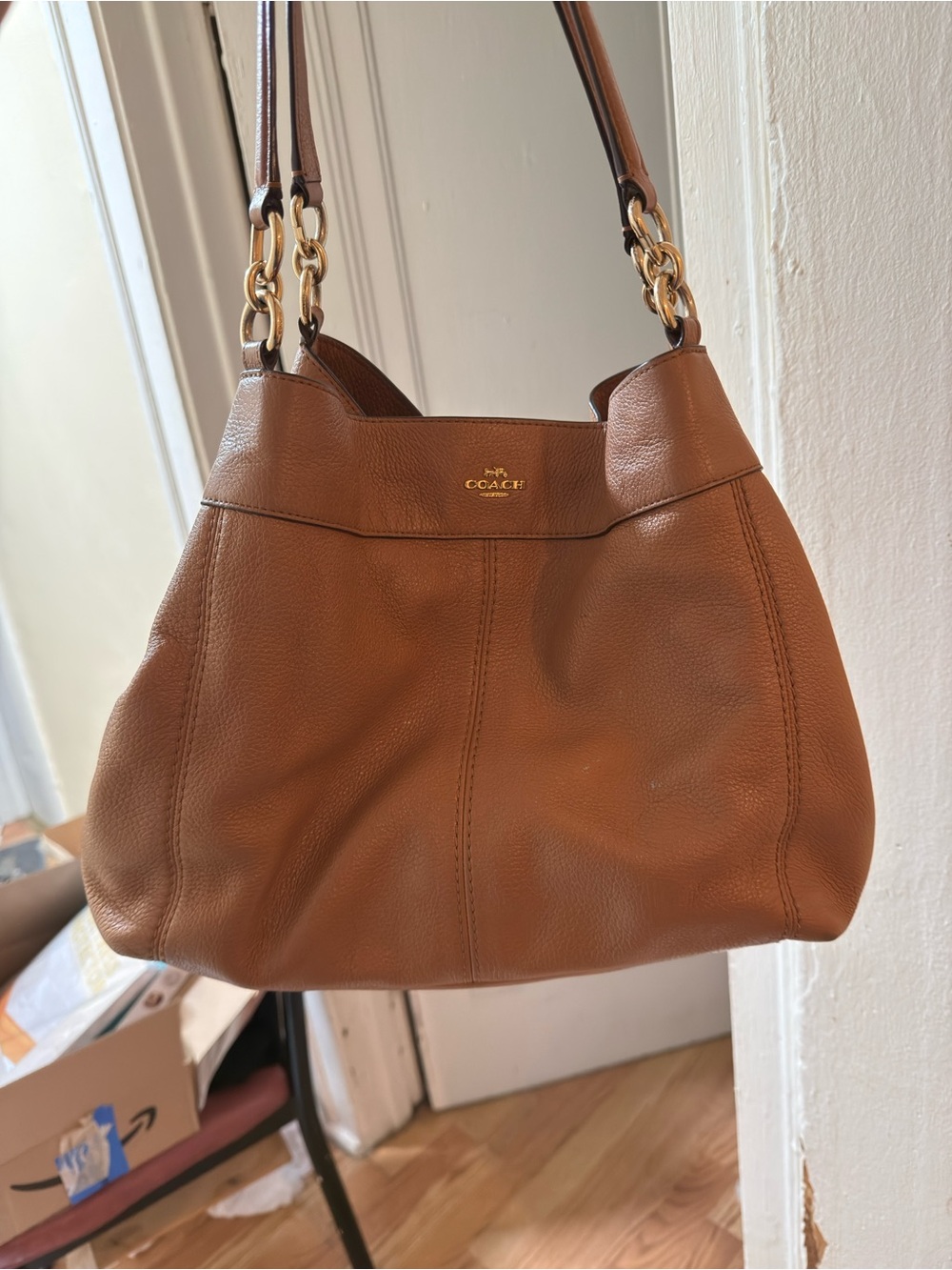 Coach Tan Pebbled Leather Double-Handle Shoulder Bag with Gold Hardware
